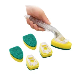 1Set Dishwashing Sponge with Handle Heavy Duty Dish Wand Brush Kitchen Sink Cleaning Brush Scouring Scrubber Pads Kitchen Cleaning Supplies (1x Dish Wands 5X Refill Replacement Heads)