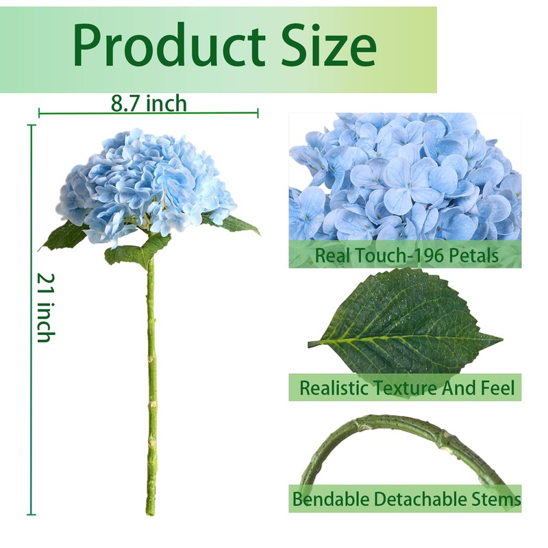 3 Pcs Blue Hydrangea Artificial Flowers, 21" Real Touch Fake