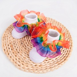 WBZOTSS Girls Ruffle Princess Style Dress Socks Turn Cuff Shimmering Big Ruffle Rainbow Lace Socks for Infant Kids 1-10T (as1, age, 6_years, 8_years, 2 Pairs of Colored Socks)