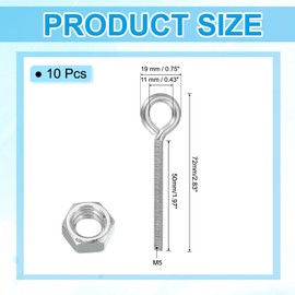 PATIKIL M5x50mm Eye Bolts, 10 Pcs Carbon Steel Threaded Eyebolt Eye Hooks Screws with Nut for Hanging or Securing Cables Silver