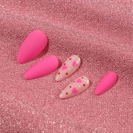 Almond Press on Nails Medium Fake Nails Pink False Nails with Heart Design Glue on Nails Matte Acrylic Nails Full Cover Stick on Nails Cute Artificial Nails for Women Manicure 24Pcs
