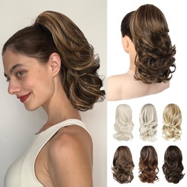 REECHO Ponytail Extensions, 14" Claw Clip in Ponytail Hair Extensions Curly Wavy Clip in Ponytail Natural Synthetic Fake Pony Tail Hair Pieces for Women