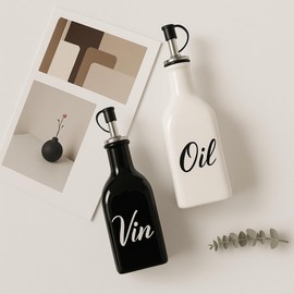 Ceramic Oil and Vinegar Dispenser Set – 195 Ml. Black & White Bottles with Leak-Proof Spouts – Modern Kitchen Set by Olmea