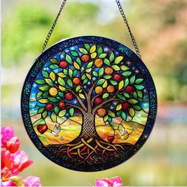 Impresionantes atrapasoles de 20 cm para ventanas con adornos decorativos pintados a mano resistentes a la decoloración, capturan la luz del sol para crear un ambiente vibrante (árbol de la vida)