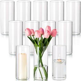 Hewory Glass Cylinder Vases Set of 12, Hurricane Candle Holders for Pillar or Floating Candles, Tall Clear Vase for Centerpieces, Round Vases for Wedding Anniversary Events Home Table Decor, 7.9in