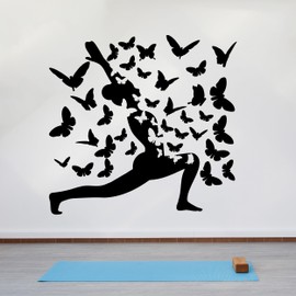 Yoga Meditation Wall Decals Butterflies Flying - Warrior Pose with Butterflies Drawing Yoga Stickers - Yoga Pose with Million Butterflies Painting Studio Wall Decal