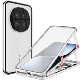 ANFAIRLACE Case Compatible with Honor Magic 7 Pro, Magnetic Adsorption 360 Protection Front Back Tempered Glass Aluminum Frame Cover Shockproof Transparent Case, Silver