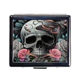 DingRound Silver Vintage Pill Box 7 Day Metal Pill Box with Mirror and 8 Compartments Cute Travel Pill Organizer for Purse (Butterfly Bush Skull)