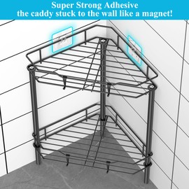 HuggieGems 2 Tier Floor Standing Corner Shower Caddy Organizer Shelf with Hooks, Bathroom Shelves Stand Rack, Black