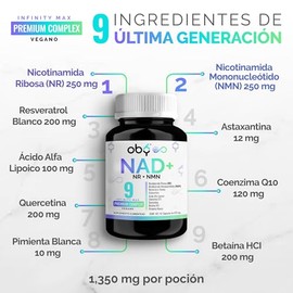 NMN  NR Nicotinamida Ribosa  Trans-Resveratrol 99  Suplemento con 9 ingredientes activos  Alta pureza, cpsulas veganas  CoQ10, Quercetina 95, ALA,... 