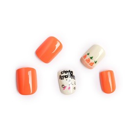 Easter Square Press on Nails Short Glossy False Nail Kits with Orange Carrot Cute Bunny Happy Easter Design Stick on Nails for Easter Gift Acrylic Fake Nails Sets for Women Girls 24pcs