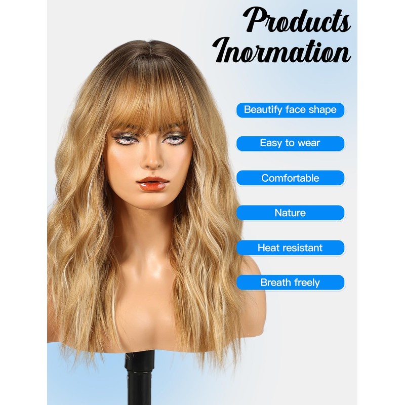 HAIRCUBE Long Wavy Synthetic Wig with Fringe Light Blonde with