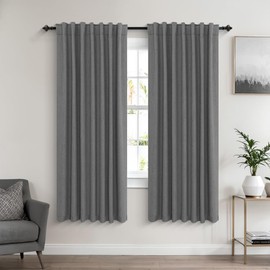 KOUFALL Grey Back Tab Linen Blackout Curtains 63 Inch Length for Living Room Bedroom Black Out 63 Inch Long 2 Panel Set