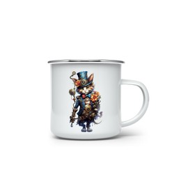 MAXIKIWI Langlebige Emaille-Kaffee- oder Tee-Camping-Tasse für drinnen und draußen, Steampunk-Katzen-Motiv, 2–350 ml