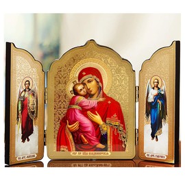Needzo Madonna and Child Christ Saint Michael Gabriel Icon Triptych 5 1/2 Inch, Virgin of Vladimir With Archangels, Catholic Christian Orthodox Triptych