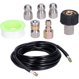 Drain Cleaning Hose Sewer Jetter Kit, 10 Meter High - Pressure Washer Accessory with Quick Connector, Rotating Nozzle & 3 Button Noses for 4000 PSI Electric or Gas Pressure Washers