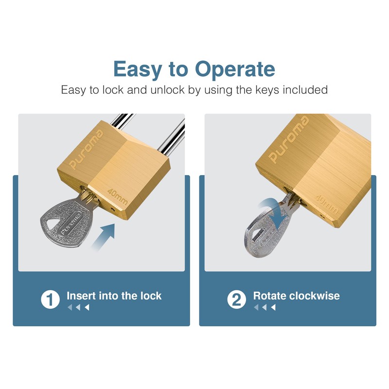 Puroma 1 Pack Keyed Padlock Waterproof Solid Brass Lock, 2.6