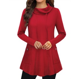Bulotus Women's Long Sleeve Cowl Neck Casual Tunic Top with Pockets (XX-Large, Red)