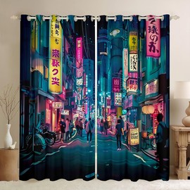 Feelyou Japanese Art Blackout Curtains (2 Panels, 52 x 96 Inch) Tokyo Anime Darkening Drapes Japan Night City Curtains for Bedroom Living Room