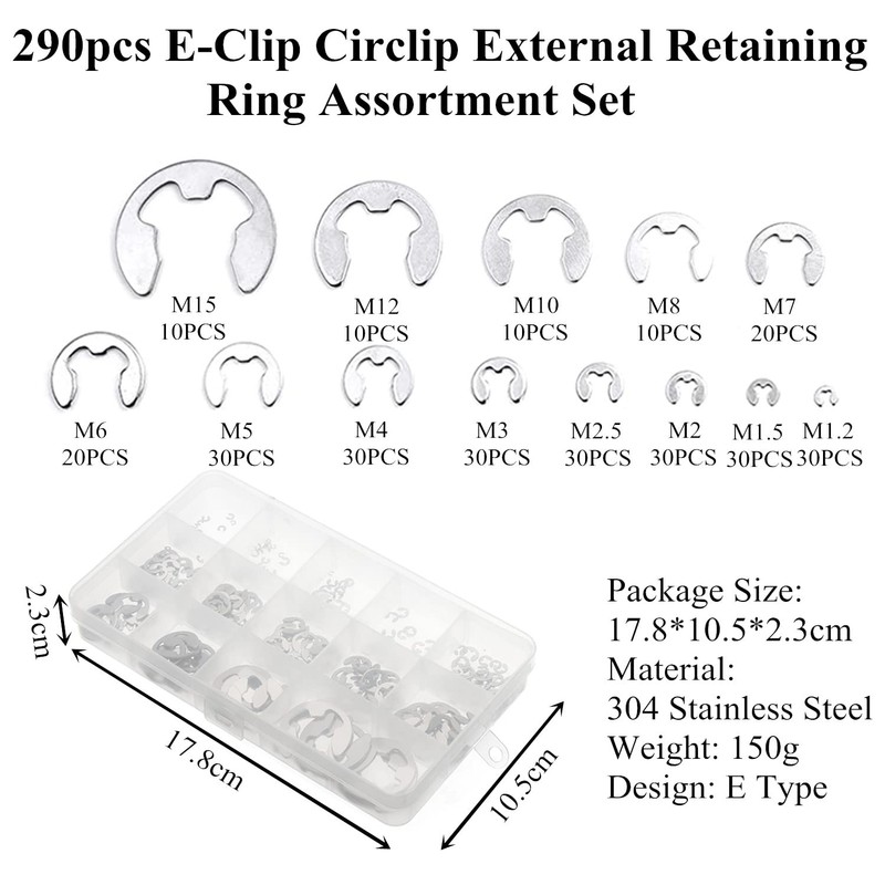 E-Clip Retaining Rings Assortment Set, 304 Stainless Steel External Snap