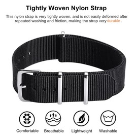 FOUUA Nylon Watch Straps Band NATO Style Choice of Colour, Length and Width 16 mm 18 mm 20 mm 22 mm 24 mm Replacement Ballistic Bands for Men and Women, black, Robust bracelet