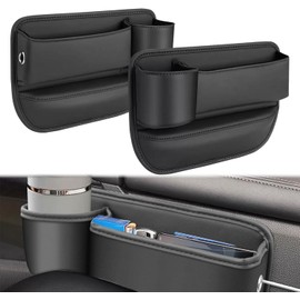 JINRUITOP Organizador rellenador de espacios para asiento de coche con portavasos, paquete de 2 cajas de almacenamiento ajustables de cuero para asiento lateral de coche, organizador de almacenamiento