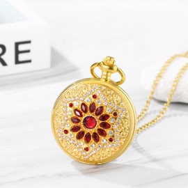 JewelryWe Women Gold Pocket Watch: Elegant Quartz Analog Green Rhinestone Flower Case Arabic Numerals Scale Girls Luxury Vintage Hunter Watches Gift with Sweater Chain Necklace