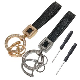 Leather Car Key Fob, 2 Pieces Universal Car Key Ring with Diamond, Bling Leather Key Ring Band with Anti-Lost D-Ring, black