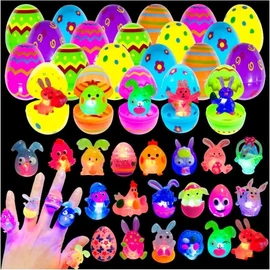 Cherislpy 24 Pack Prefilled Easter Eggs with 3D Finger Lights Up Rings Toys Grow in the Dark Great for Kids Girls Boys Easter Basket Stuffers Eggs Fillers