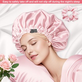 Silk Bonnet for Sleeping Women, Double Layer Soft Ajustable Elasticity Band Satin Bonnet for Sleeping Hair - Sleep Shower Caps (Pink+Pink)
