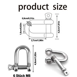 Shackle D Shape, 304 Stainless Steel D-Ring Shackle, D Shackle, Stainless Steel M8 Stainless Steel Shackle, D Shackle, D Ring Shackle, Straight, for Rigging Steel Rope Cords Chains, Shackles, Pack of