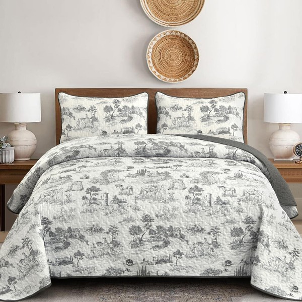 Drucon Grey Farmhouse Quilt Set Queen Size, Toile Rustic Bedspreads,