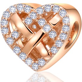 Rose Gold Valentine's Day Charms Fit European Bracelet Couple Lovers Smiley Face Rose Flower Crescent Moon Stars Heartbeat Knotted Heart Charm in Sterling Silver, Gifts for Family/Birthday, Sterling