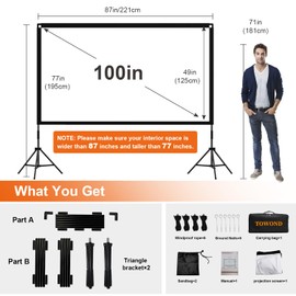 Projector Screen and Stand, Towond 100 inch Portable Movie Screen Indoor Outdoor 16:9 4K HD Front Rear Projection Screen with Carry Bag Wrinkle-Free and Foldable Design for Backyard Movie Night