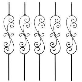 S10 - Wrought Iron Balusters – Set of 5 Deck Balusters - Decorative Metal Balusters for Decks – S Scroll - 1/2-inch Hollow Iron Spindles – Satin Black Metal Railing