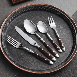 20 PCS Wood Silverware Set for 4, Imitation Wood Rivet Handle Cutlery Set 18/8 Stainless Steel Utensi Sets Flatware Mirror Polished Steak Tableware Spoon Fork Knife set Home Hotel Restaurant
