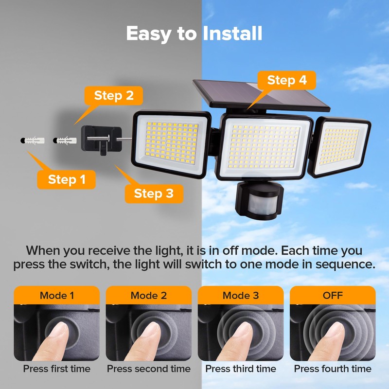 UME Solar Outdoor Lights 302 LED 3000LM, IP65 Waterproof Motion