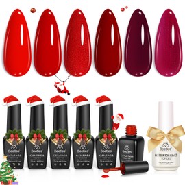 Beetles Red Gel Nail Polish Set with Top Coat, Winter Gel Polish 6 Colors Popular Shimmer Red Burgundy Nail Art Design Soak Off Uv LED Minicure DIY Home Gifts for Women
