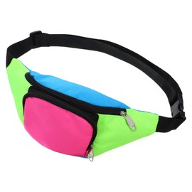 80s Neon Rave Fanny Pack with 2 Pockets, Retro Belt Bag Waist Packs for Women Men, Color blocked 80s Accessories Plus Size Belt Bag for Jogging Traveling Party Costume Holiday Festival Theme Party
