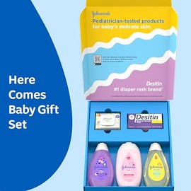 Johnson's Baby Aquí Viene Bebé - Set de regalo para bebés, esenciales para nuevos padres con loción hidratante, baño relajante, gel de baño y champú, 