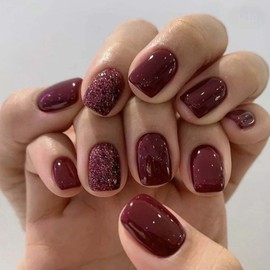 YoYoee Press on Nails -Square Fake Nails Short False Nails Burgundy Tips Solid Color Nail for Women and Girls 24Pcs