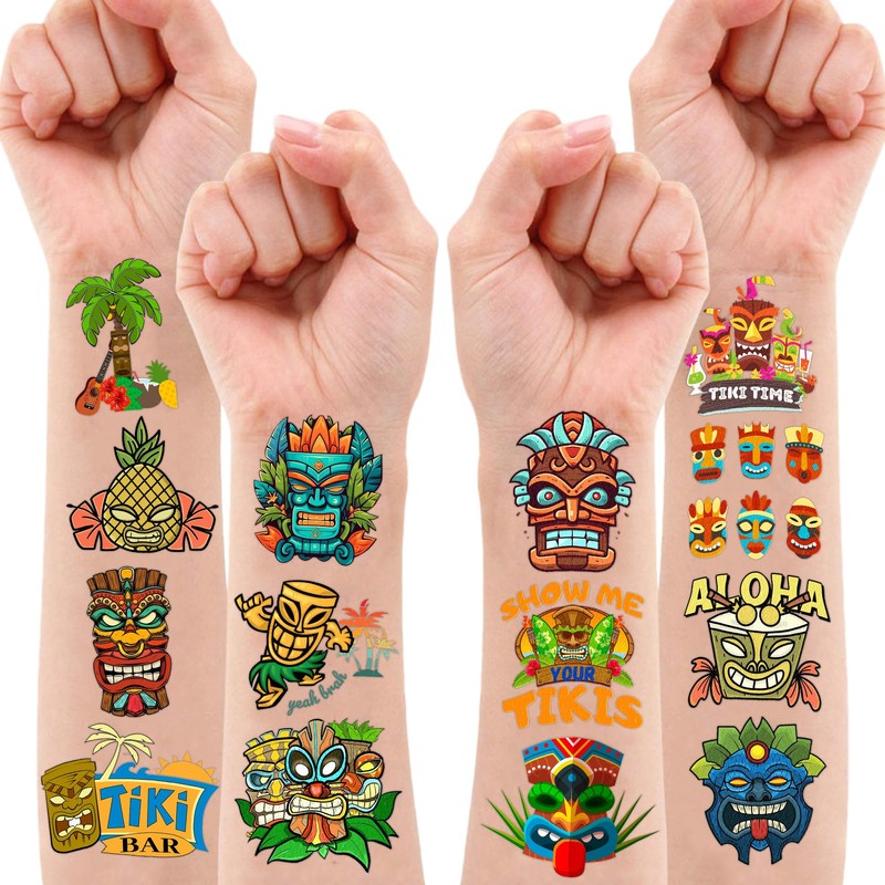 Tiki Aloha Hawaiian Temporary Tattoos 10 Sheets 100PCS Luau Party