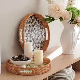 YANGQIHOME Round Serving Tray with Handle, Rattan Tray with Decorative Mother of Pearl Inlay, Round Wicker Trays for Home Decor, Coffee Table, Gifts, Dining, 11.8 inch
