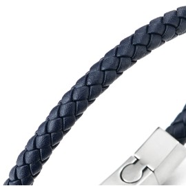 Mens Women Thin Dark Blue Braided Leather Bracelet Leather Bangle Wristband, Steel Magnetic Clasp (CA)