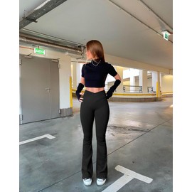 OQQ Women's 2 Piece Yoga Pants Ribbed Seamless Workout High Waist Cross Over Bell Bottoms Exercise Flare Leggings Black Beige