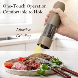 Ultrean Electric Pepper Grinder, Rechargeable Salt and Pepper Grinder with 6 Adjustable Coarseness, LED Light, One-Hand Automatic Operation, Brown