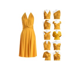 72styles Knee Length Short Infinity Dresses Bridesmaids Dresses Mustard Yellow Convertible Multiway Transformer Twist Wrap
