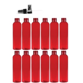 Premium Essential Oil 2 Ounce Cosmo Round Bottles, PET Plastic Empty Refillable BPA-Free, with Black Ribbed Fine Mist Pump Spray Caps (Pack of 12) (Red)