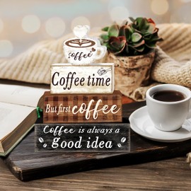TOMPOP 4 Pcs Coffee Cups Wooden Table Decor Mugs Love Tabletop Sign Farmhouse Tiered Tray Decorations Family Wood Block Stack Sign Gift for Home Fireplace Mantel (Coffee)
