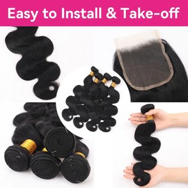 FLOWITHU Body Wave Bundles with Closure (16 18 20+14 Closure) Human Hair Brazilian 3 Bundles with 4x4 Lace Closure Free Part 10A 100%